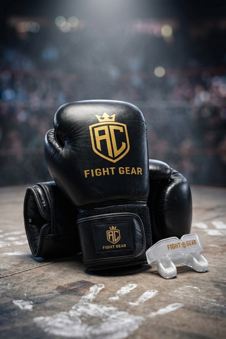 Boxing gloves and mouthguard in ring