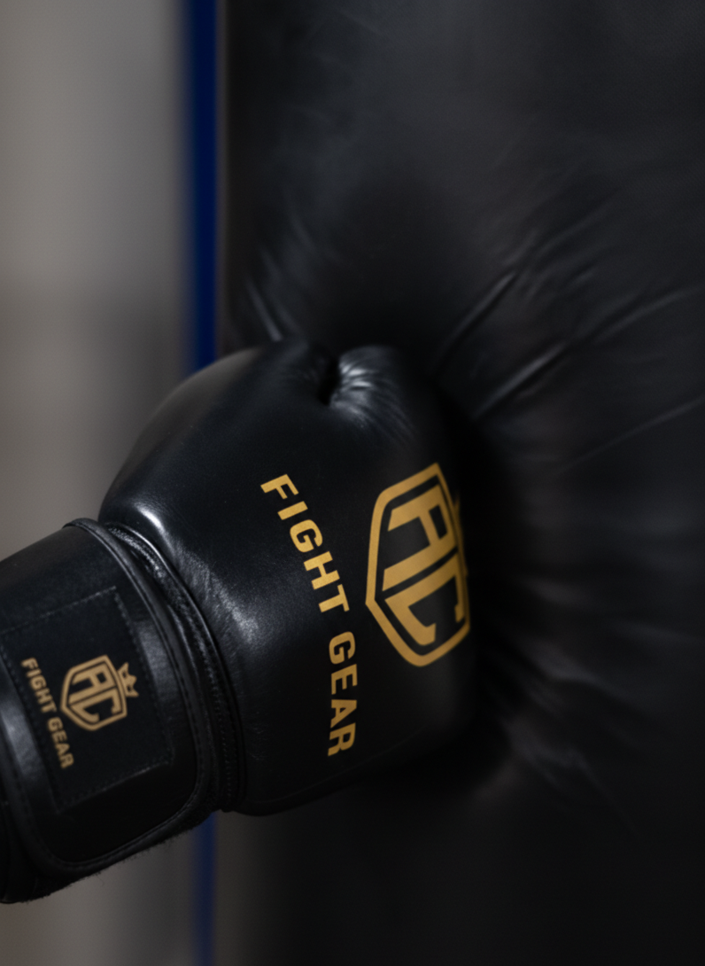 Black boxing glove with 'FIGHT GEAR' branding on a dark background striking punch bag. 