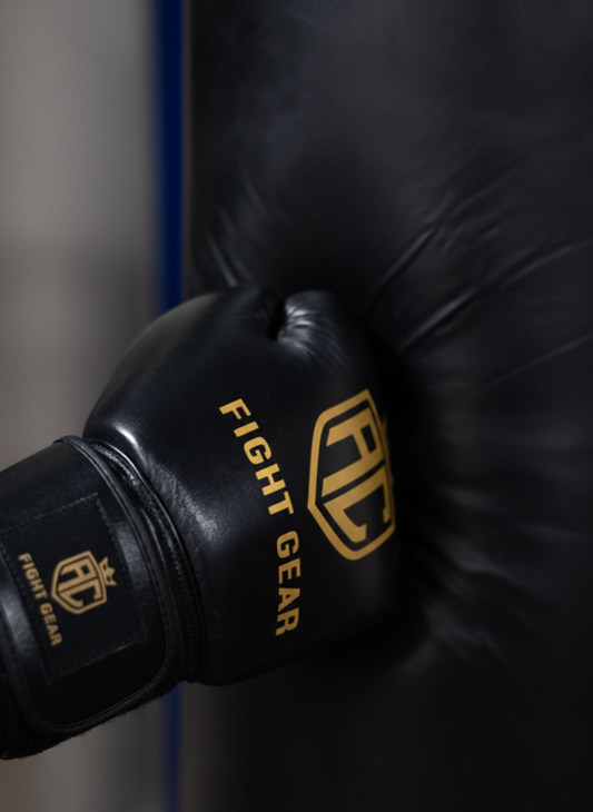 Black boxing glove with 'FIGHT GEAR' branding on a dark background striking punch bag. 