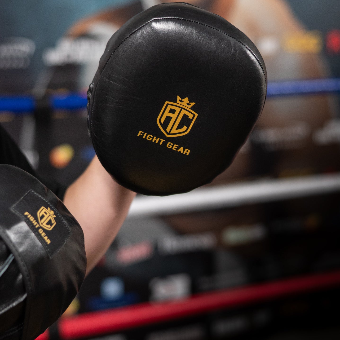 Black boxing pads with 'Fight Gear' logo held by a person in a boxing ring.